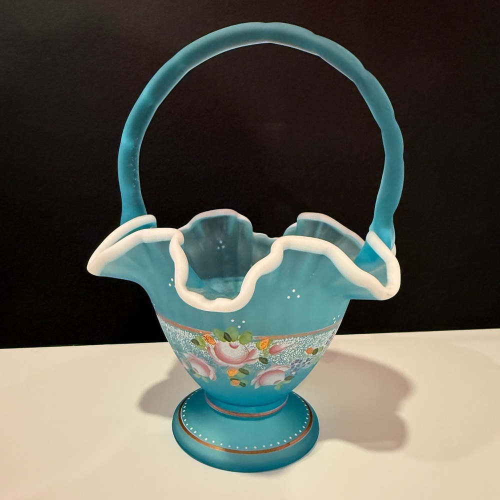 Fenton Charleton Collection Turquoise Basket with Hand Painted Flowers